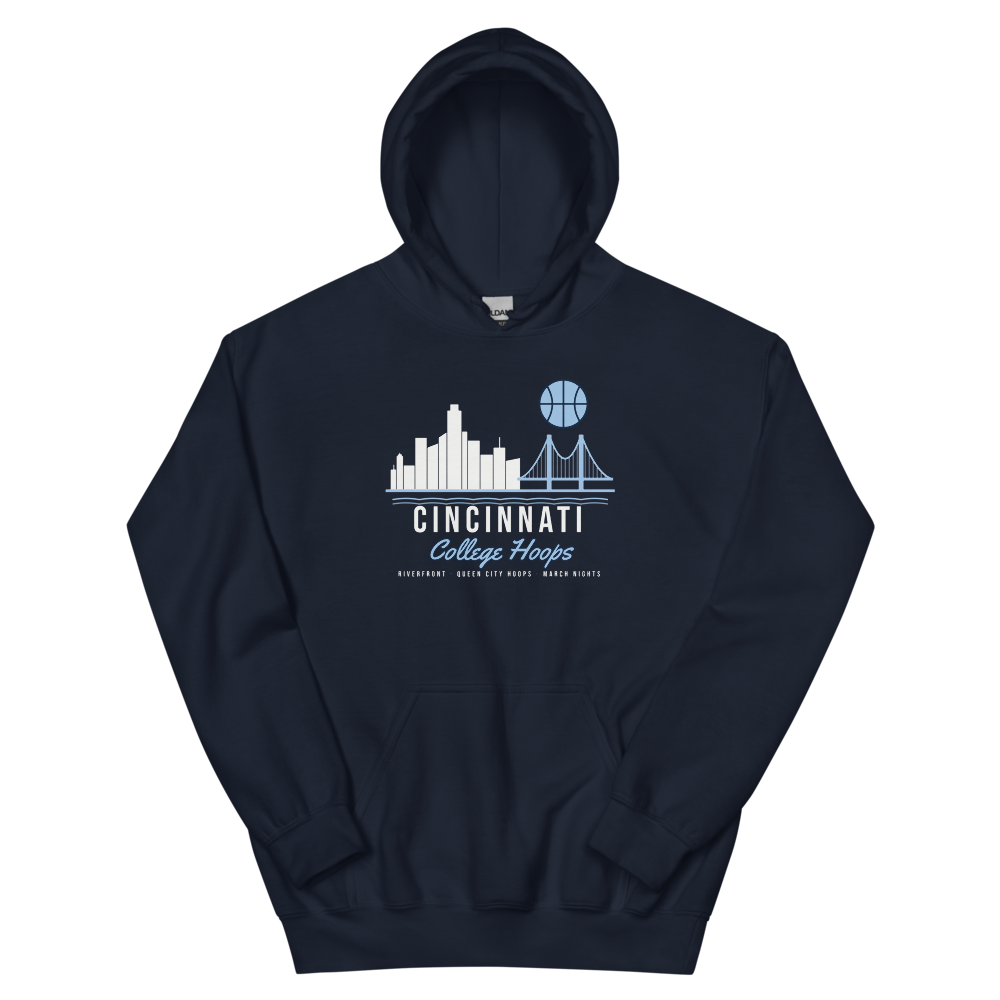 Cincinnati College Hoops Riverfront Skyline — Navy Hoodie