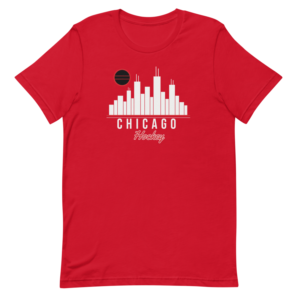 Chicago Skyline Hockey on Red T-Shirt
