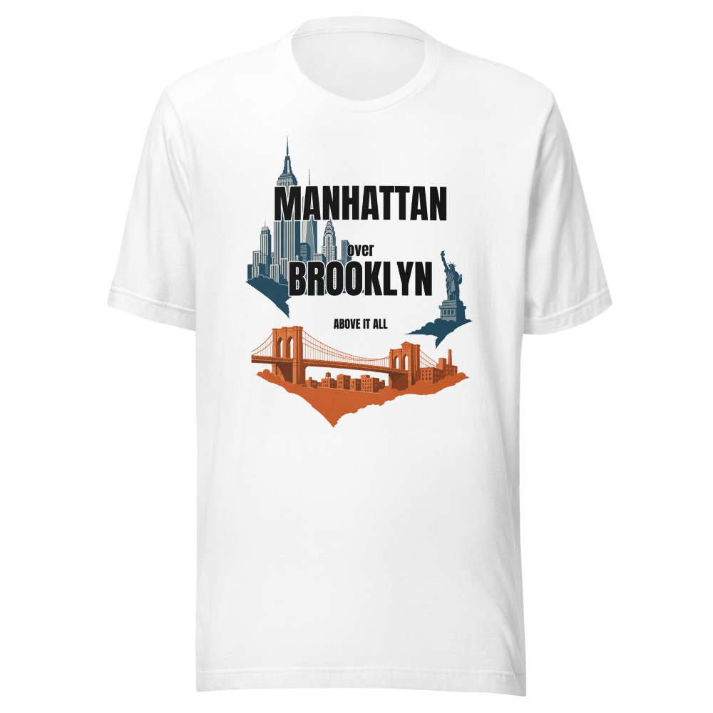 Manhattan Over Brooklyn tee — Brooklyn wrote the Etsy listing. Manhattan bought the building.